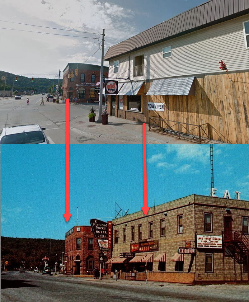 Wahkonsa Hotel (Wielands Pictured Rocks Hotel) - Photo Comparison Then Vs Now (newer photo)